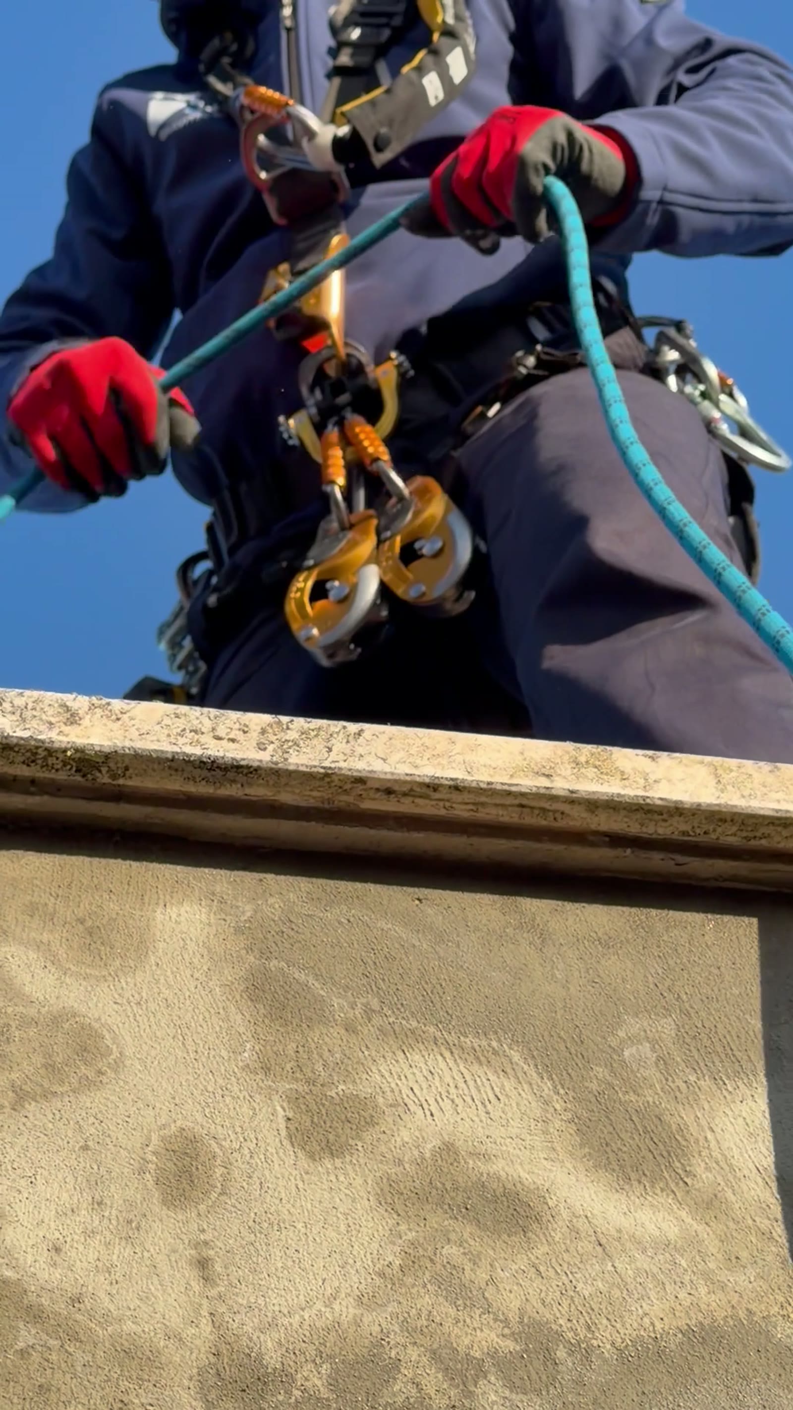 Dettaglio discensore e risalitore Petzl su imbragatura tecnica