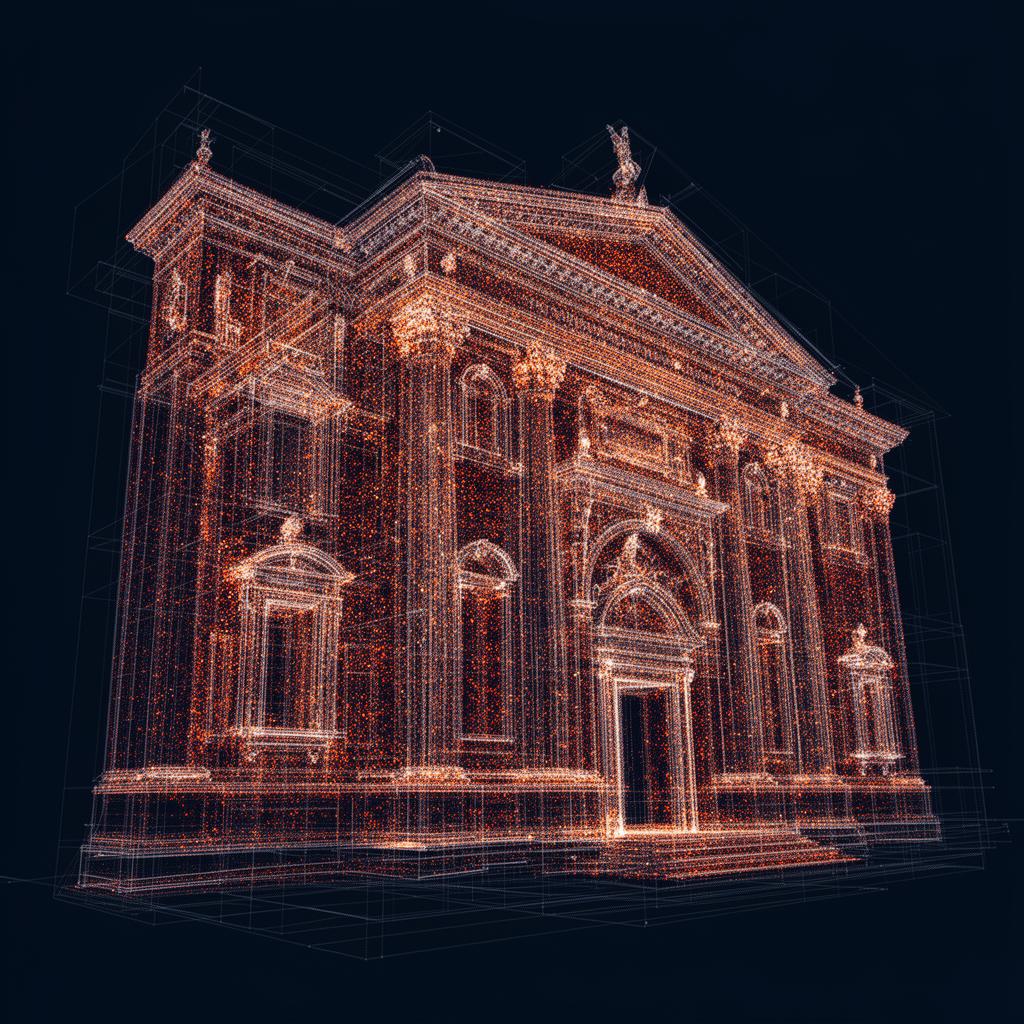Scansione 3D nuvola di punti di facciata storica con overlay HUD arancione